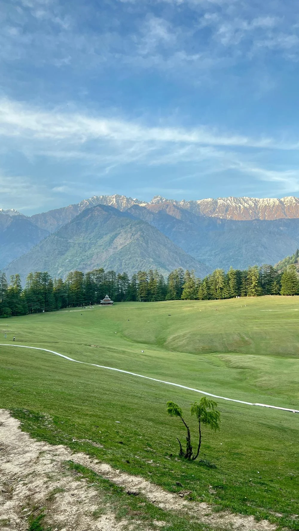Green valley with Himalayan peaks in the background