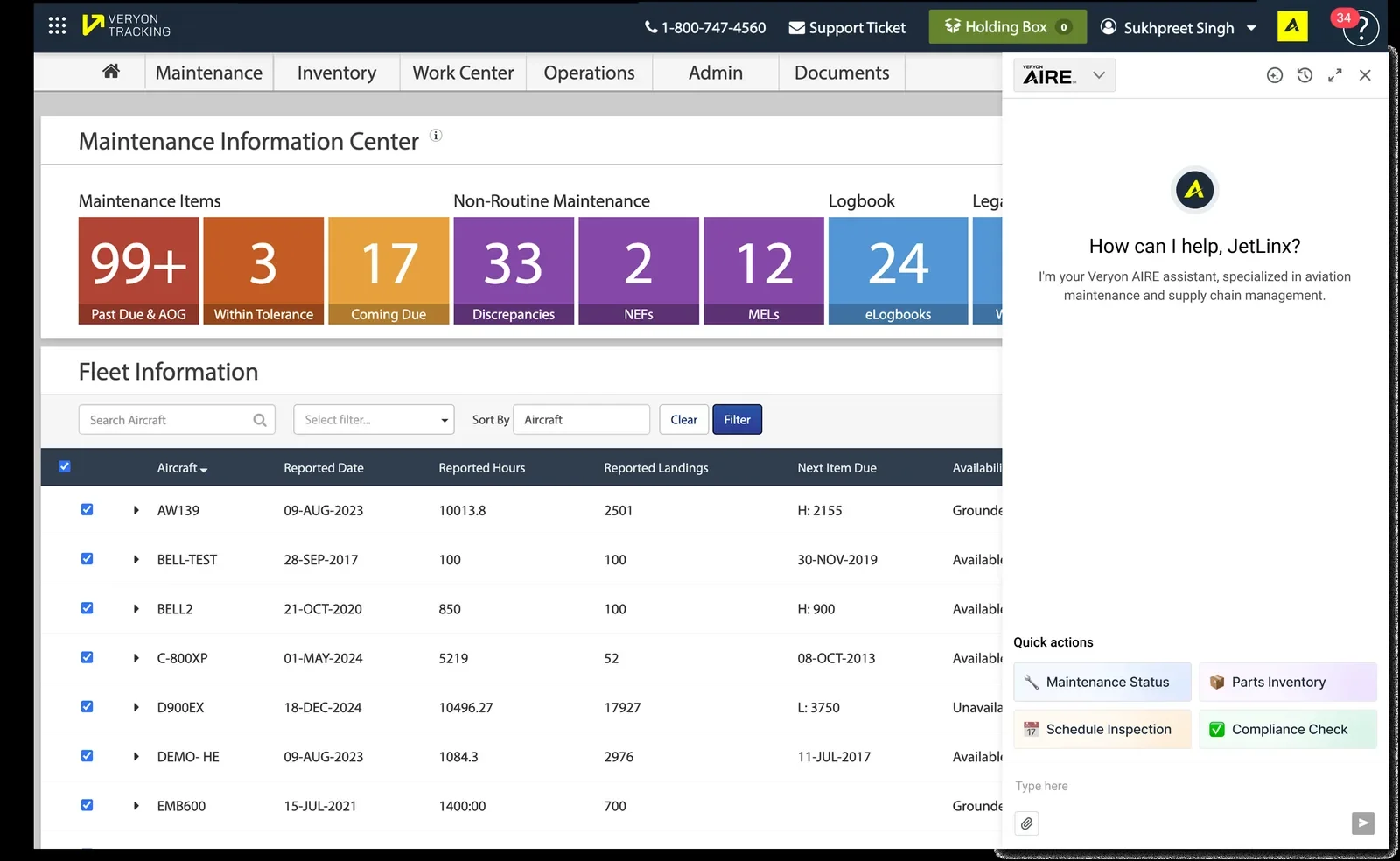 AIRE panel with static quick action buttons: Maintenance Status, Parts Inventory, Schedule Inspection, Compliance Check