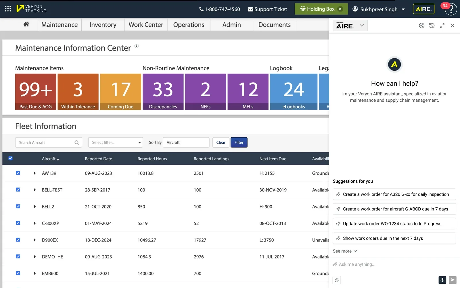 AIRE panel with personalized AI suggestions like creating work orders for specific aircraft