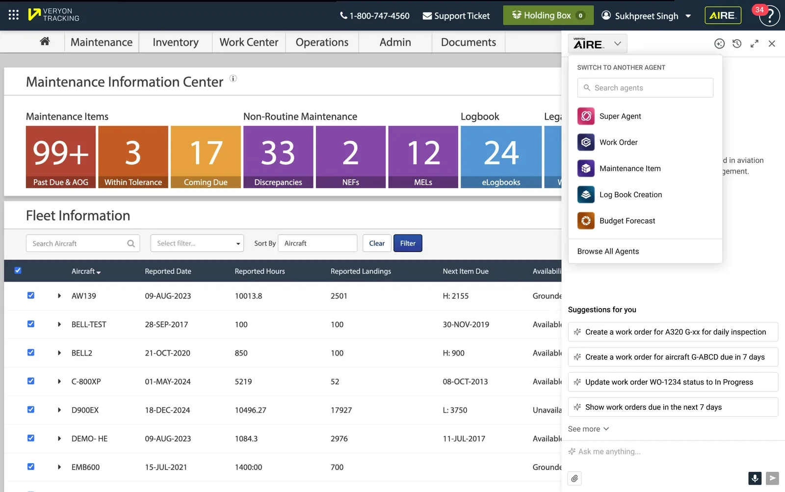 Agent switcher dropdown listing Super Agent, Work Order, Maintenance Item, Log Book Creation and Budget Forecast