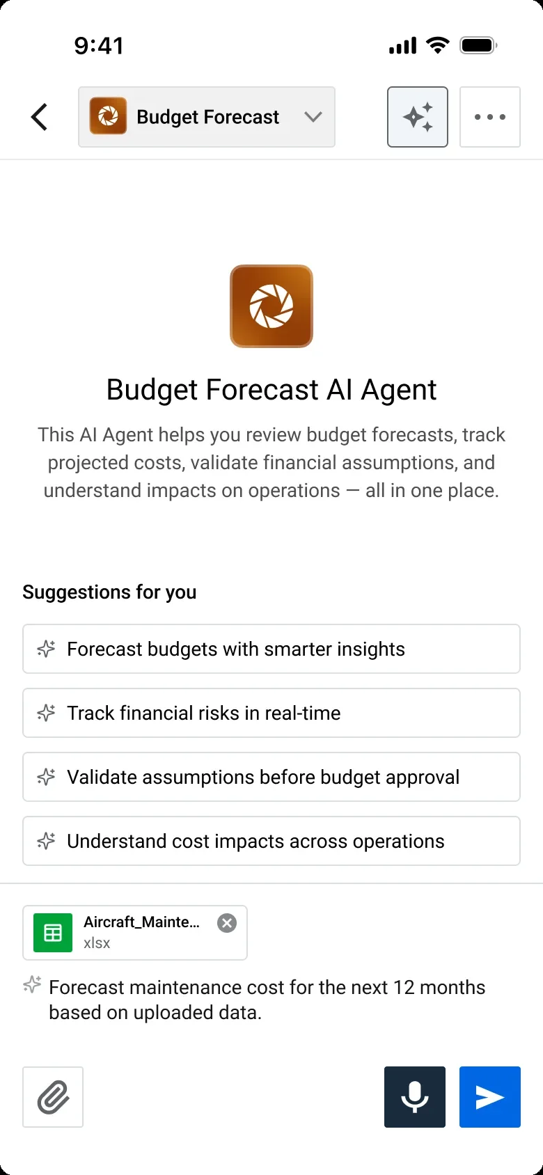 Budget Forecast agent on mobile with spreadsheet upload
