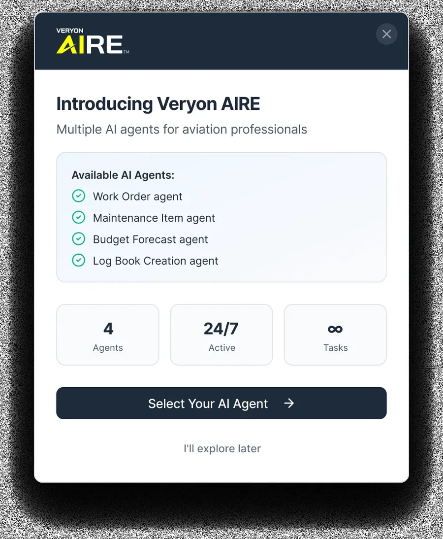 Introducing Veryon AIRE onboarding modal with agent checklist