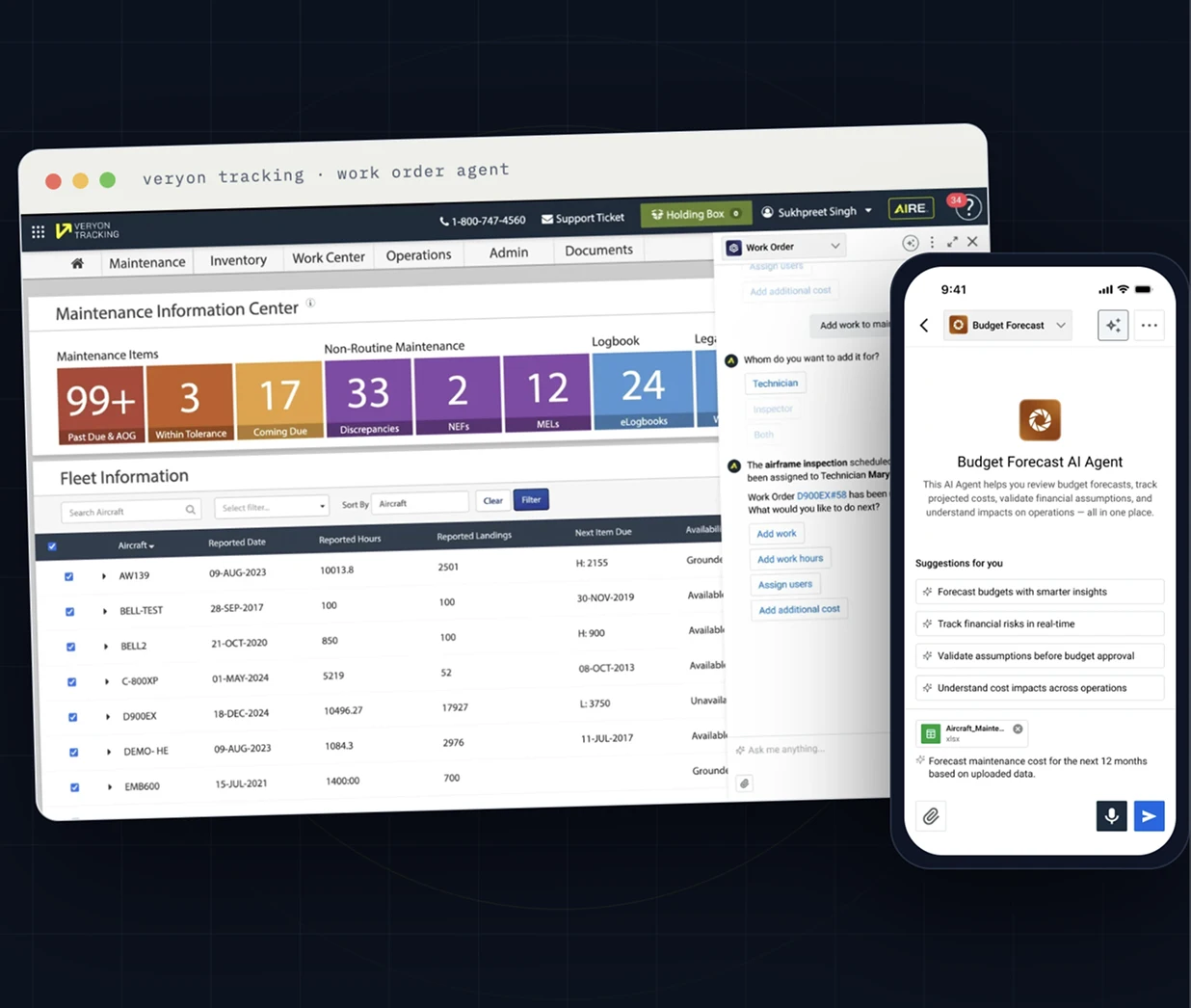 Veryon AIRE work order agent interface with Budget Forecast AI Agent mobile view
