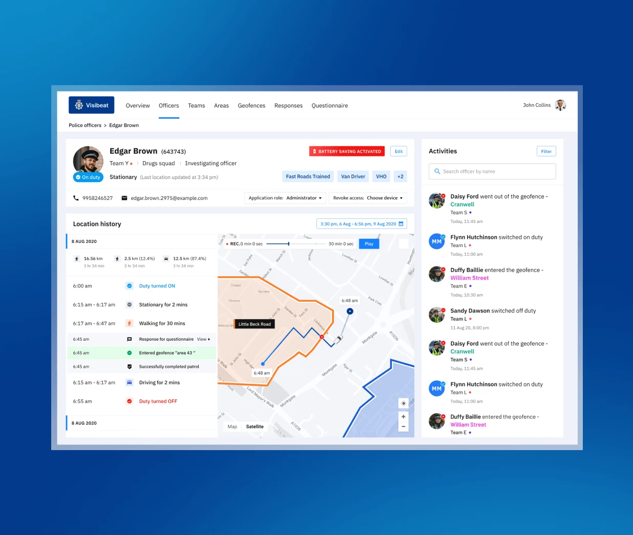 Visibeat officer tracking and activity feed interface
