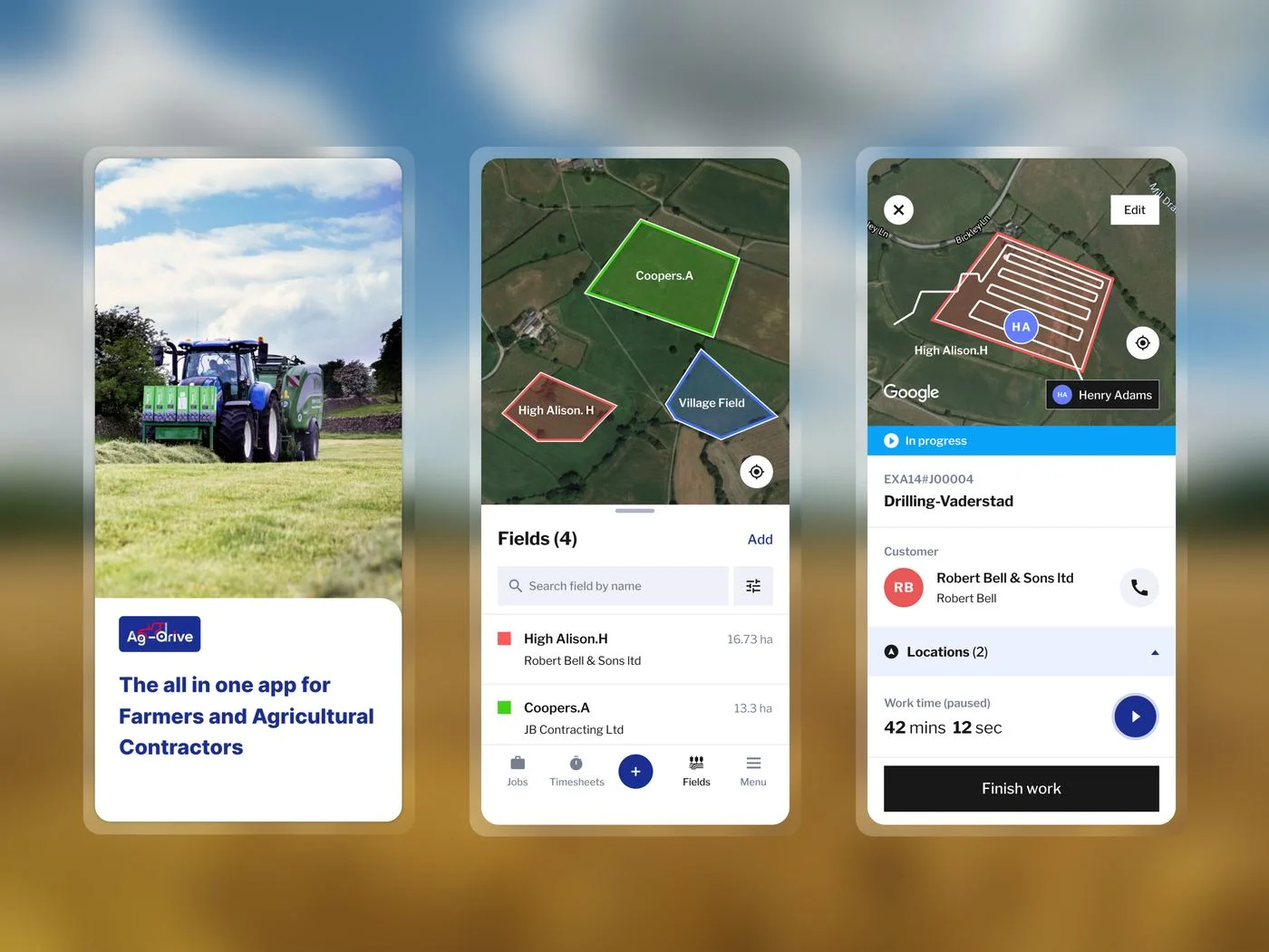 Ag-Drive mobile app screens: field map, job tracking and job detail