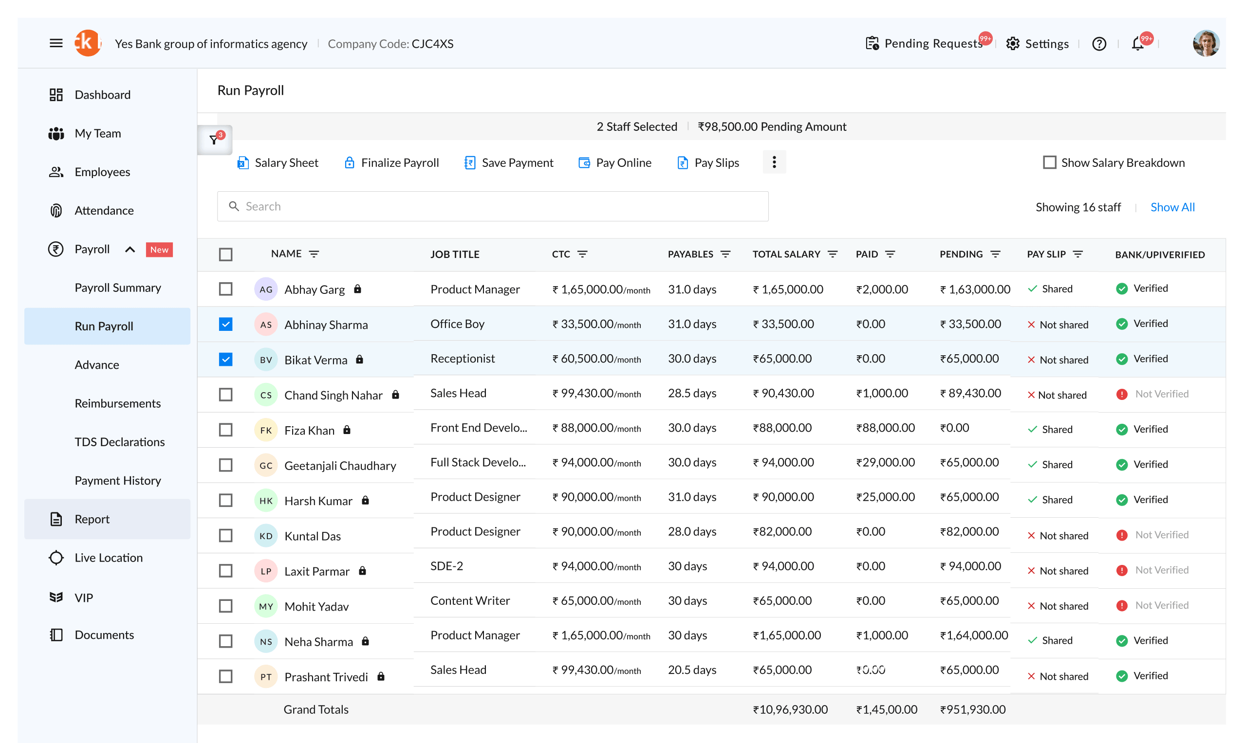 SalaryBox run payroll staff table interface