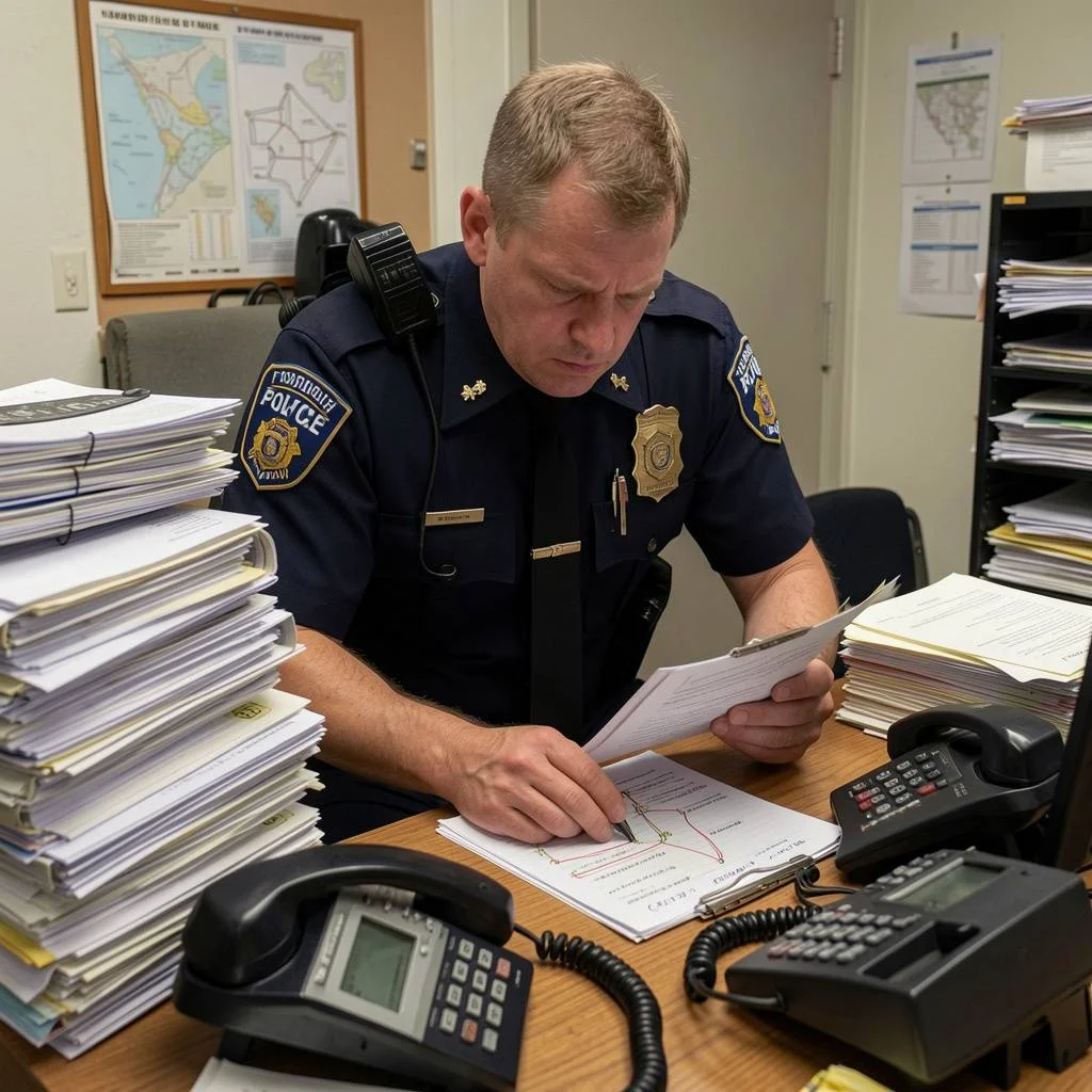 A police officer at a cluttered desk, cross-referencing paper patrol logs by hand alongside stacks of case files