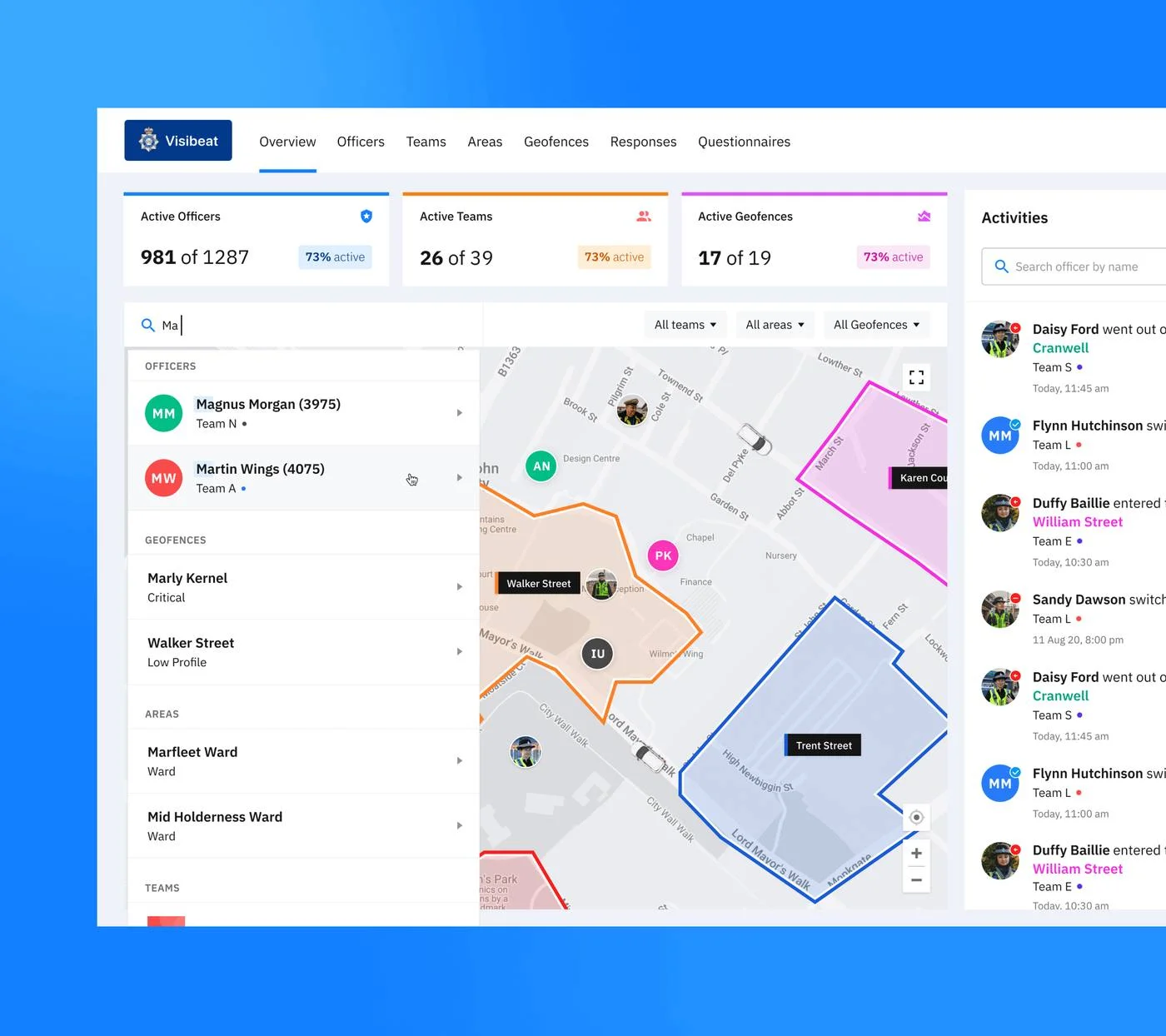 Visibeat overview screen with dynamic search results grouped by officers, geofences and areas