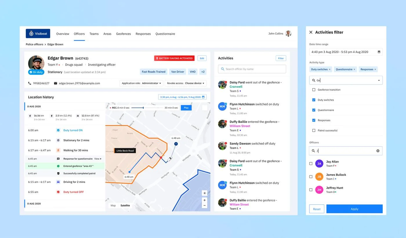 Officer detail page for Edgar Brown showing location history, duty status and an activities filter panel