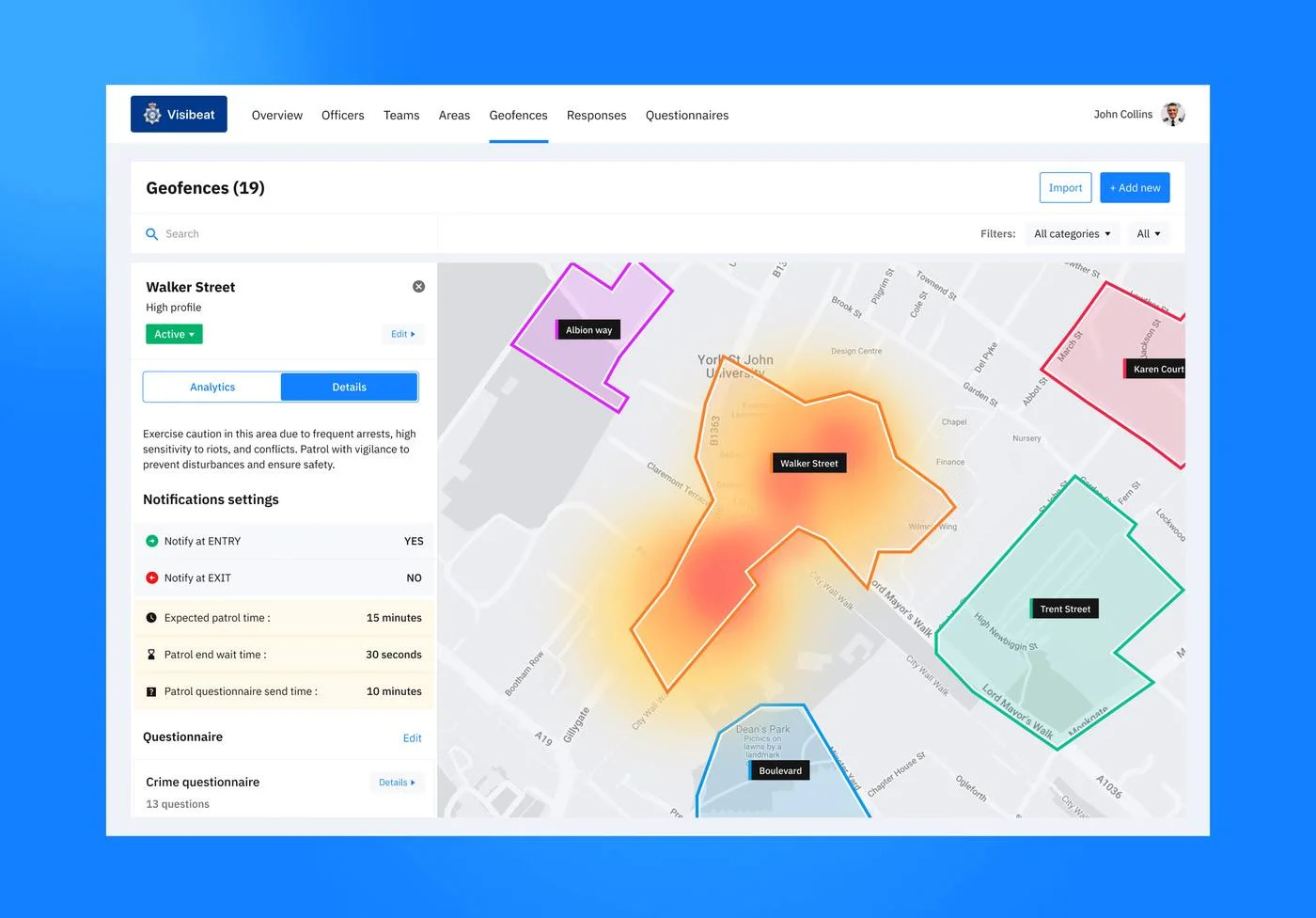 Geofences list with Walker Street selected, showing a heatmap analytics view and notification settings