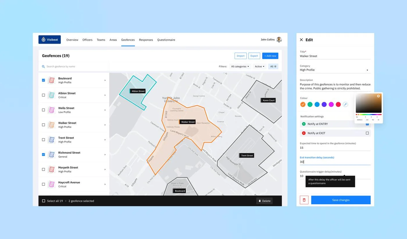 Geofence edit panel showing category, colour picker and notification and questionnaire trigger settings
