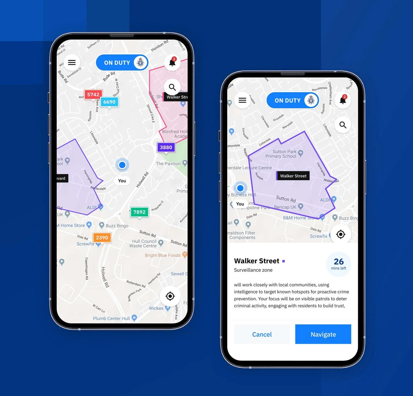Field companion map showing on-duty status, patrol markers and a Walker Street surveillance zone briefing with a Navigate button
