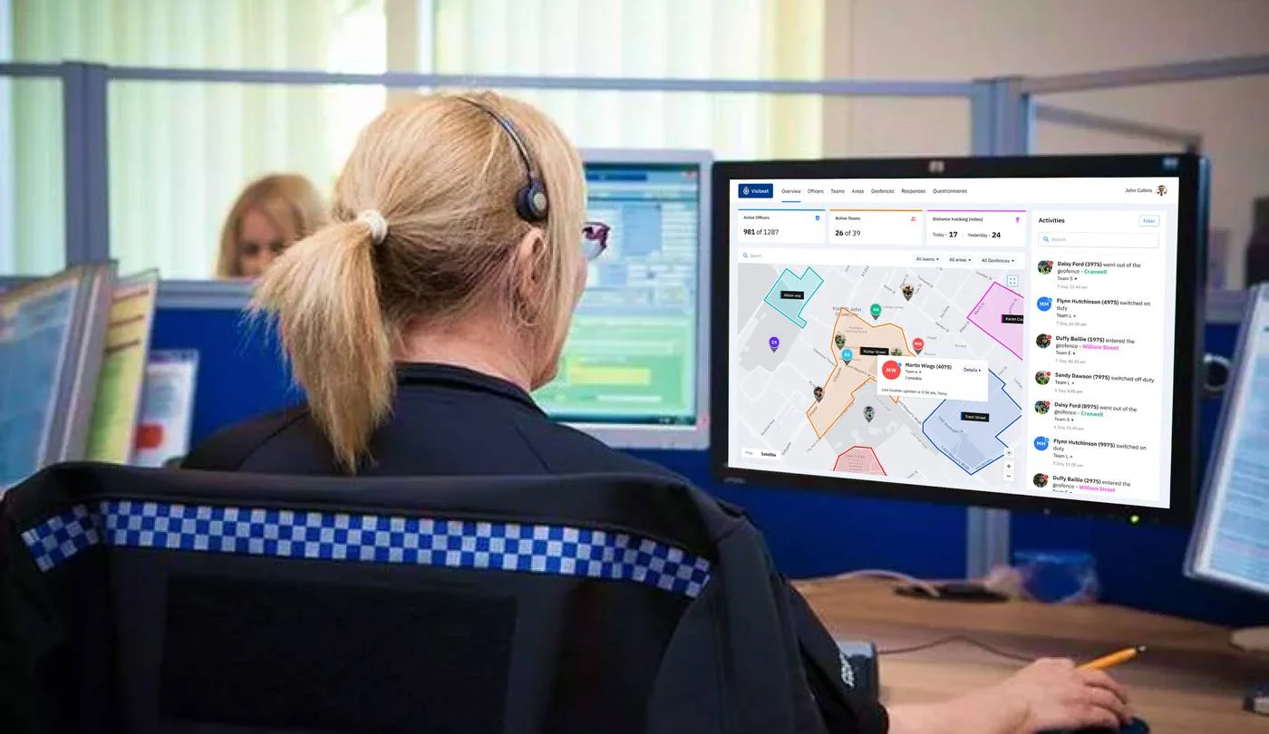 A Humberside Police control-room dispatcher reviewing live officer positions on the Visibeat dashboard